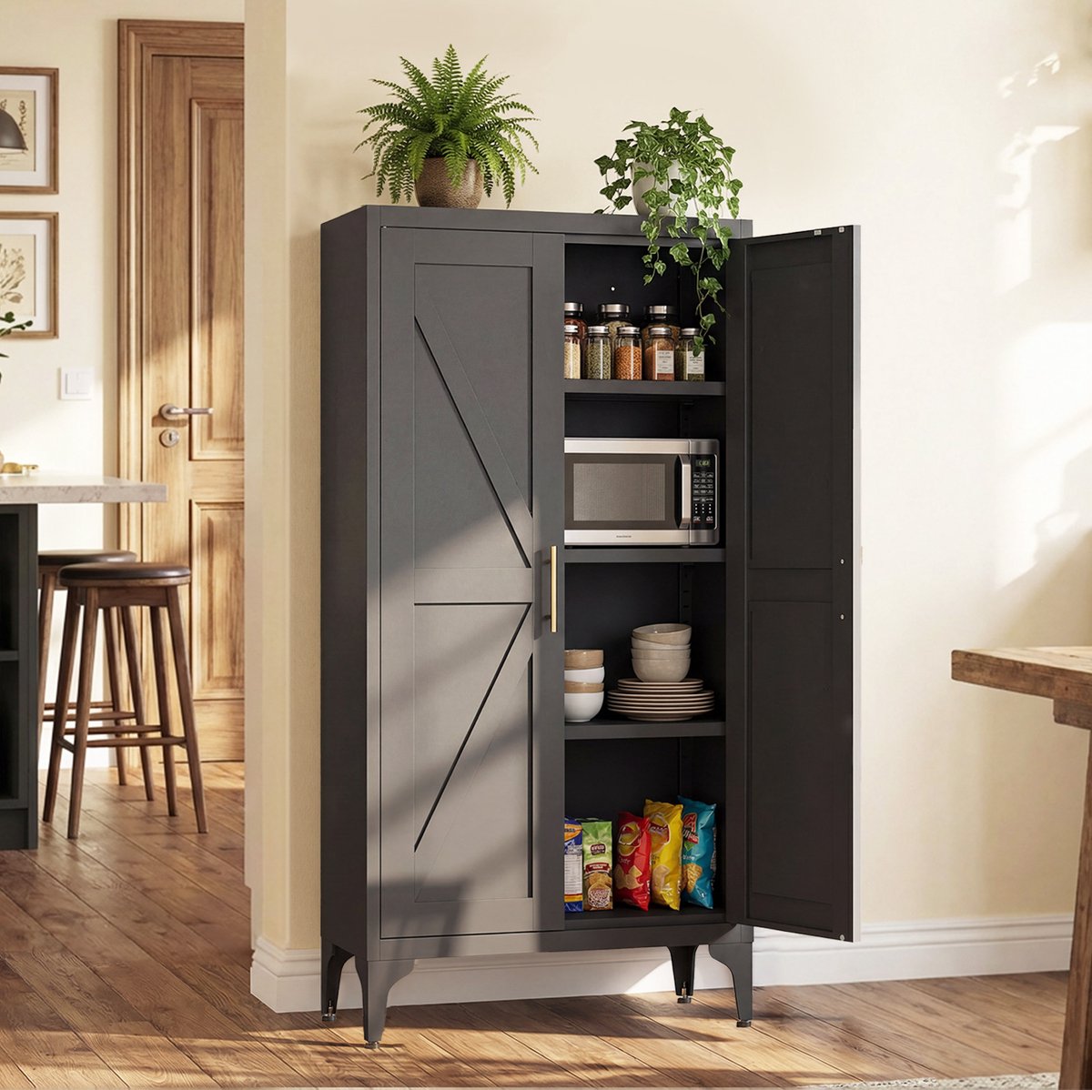 MODENUIT Keukenkast - Twee Deuren Met Verstelbare Planken - Keuken En Kantoor - Metaal - Zwart - 60x30x120cm
