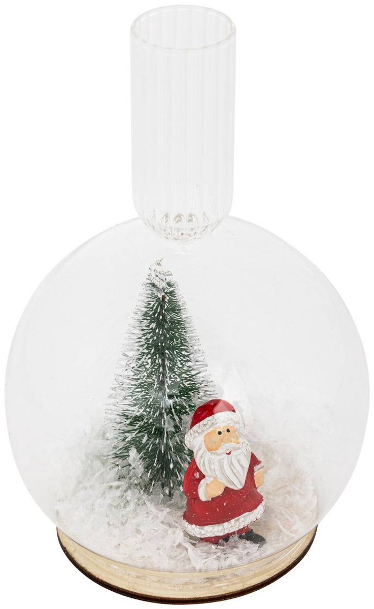 Kerstbal-theelichtje met sneeuw en kerstman, H 15 cm, glas