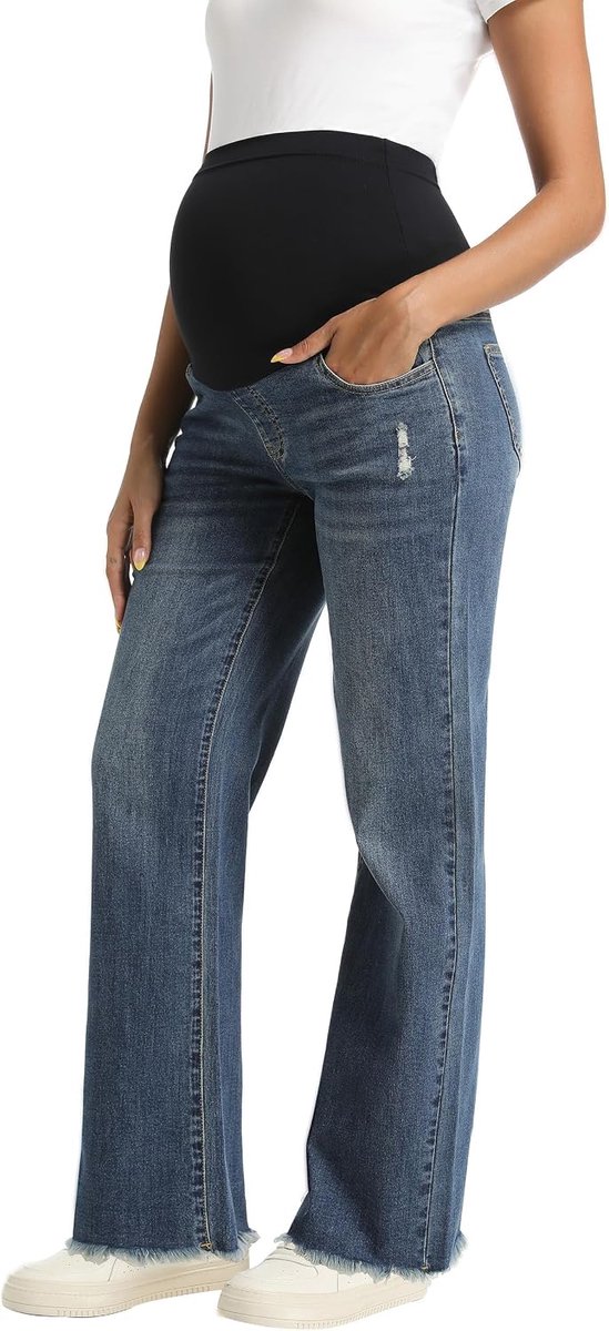 Jeans boven de buik rechte pijpen ruwe zoom Jean zwangerschapsbroek denim zwangerschapsjeans met zakken