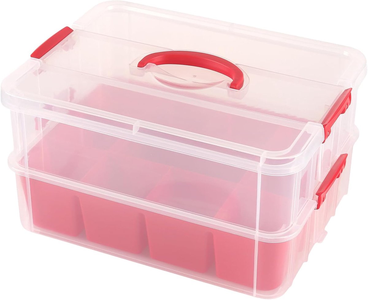 Opbergdoos met deksel, 35 x 27 x 20 cm, grote dubbellaagse rood, transparant, PP-plastic doos met handvat en vakken, organizer, knutselmateriaal, naai-organizer voor knutseldoos, opslag