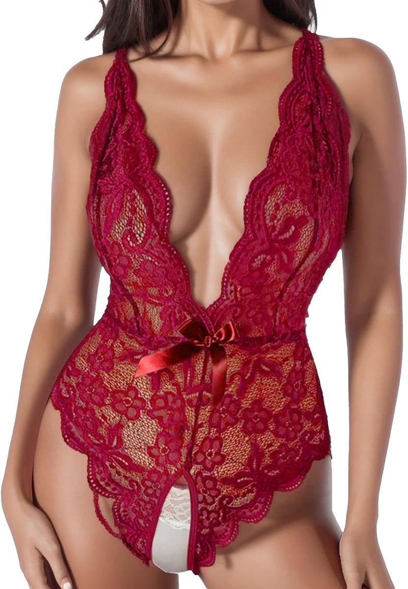 Lingerieset voor dames, kant, satijn, babydoll, string, chic, transparant, zacht, cadeau voor dames, zwart, rood, A46