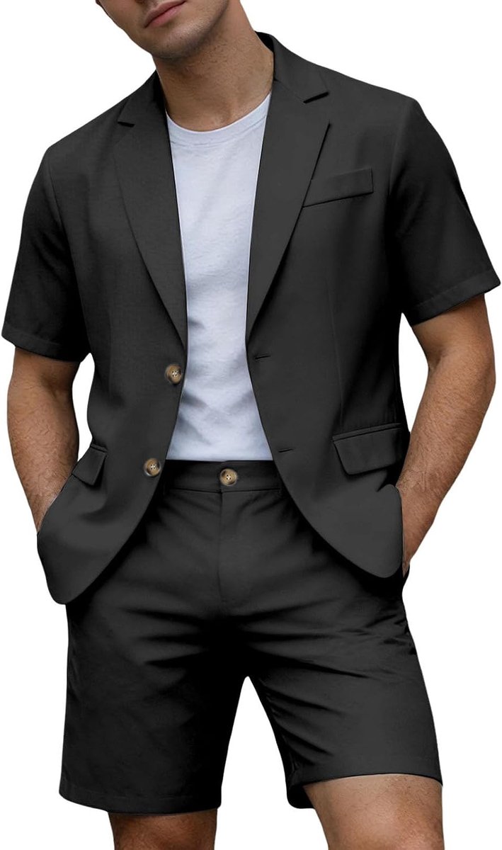 2-delige set voor heren, katoen, bovendeel en joggingbroek, basic, zacht, korte mouwen, training, alle seizoenen, comfortabel, elastische tailleband met zakken, A76