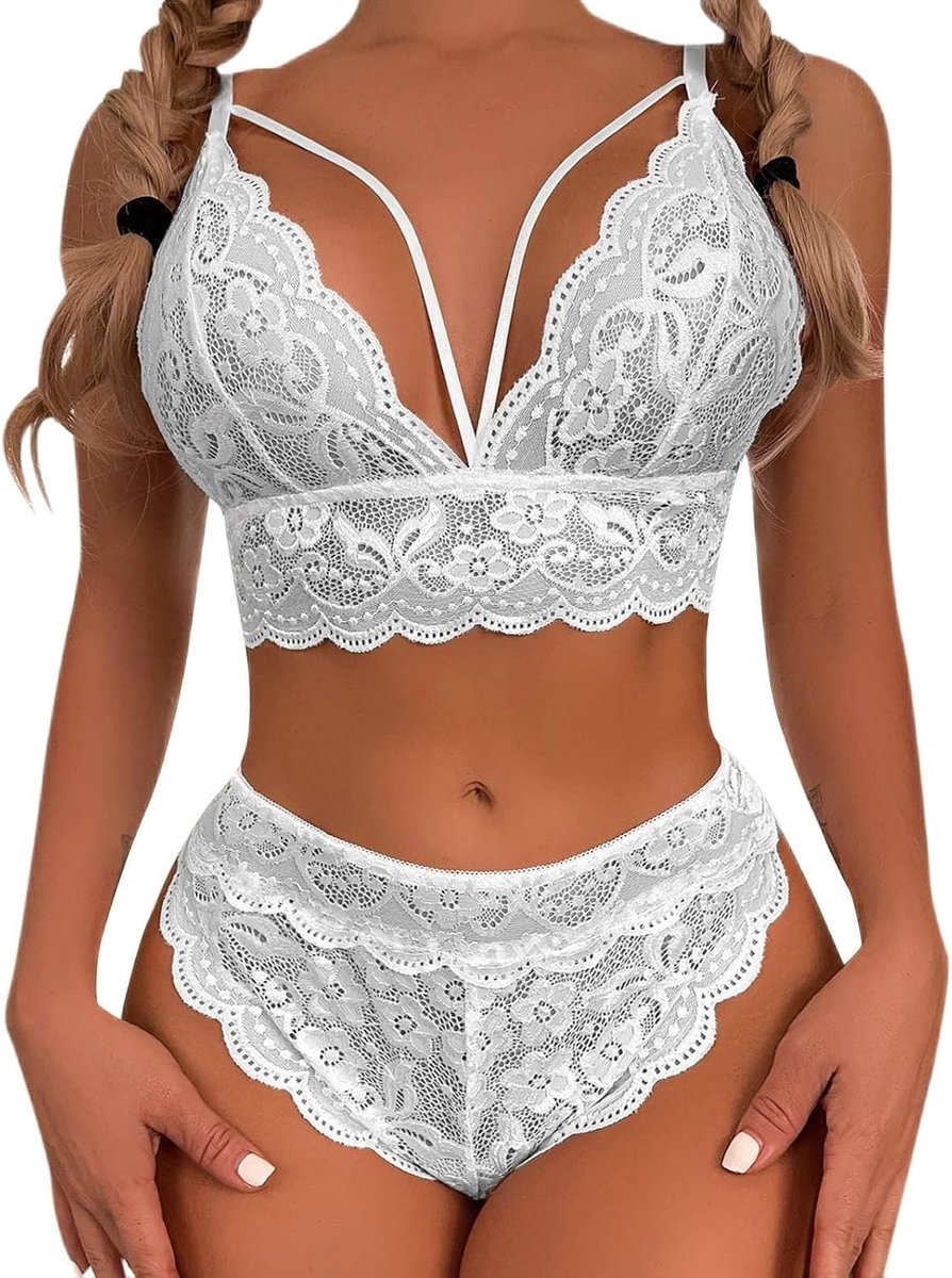 Dame doorschijnend bloemenkant pyjama lingerie set hoge taille nachtkleding beha en slipje tweedelige nachtkleding