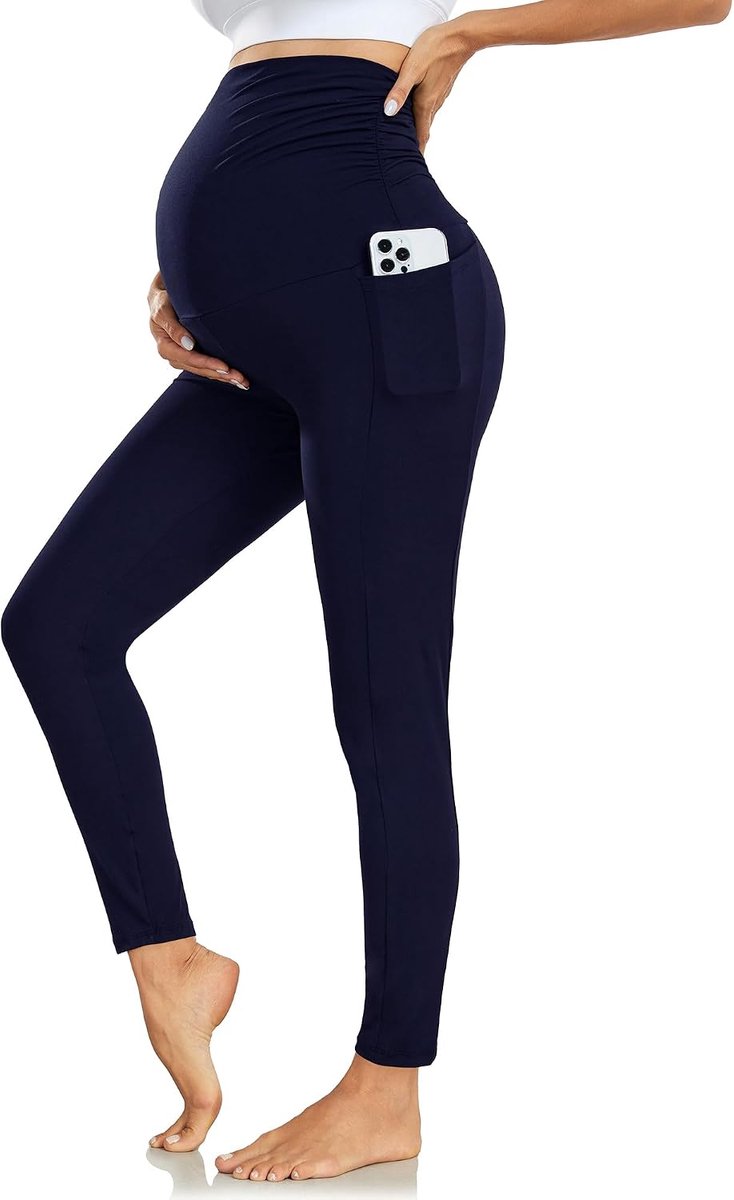 Zwangerschapslegging met Zakken - Over Bump Legging met Zachte Buikondersteuning Stretchy Zwangerschapsbroek voor Dames