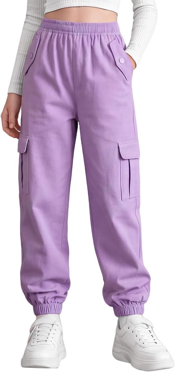 Cargobroek voor Meisjes Katoenen Kinder Joggingbroek Zachte Ademende Cargobroek met Elastische Tailleband en Zakken Streetwear Sportbroek Vrijetijdsbroek voor Lente en Herfst 6-13 Jaar