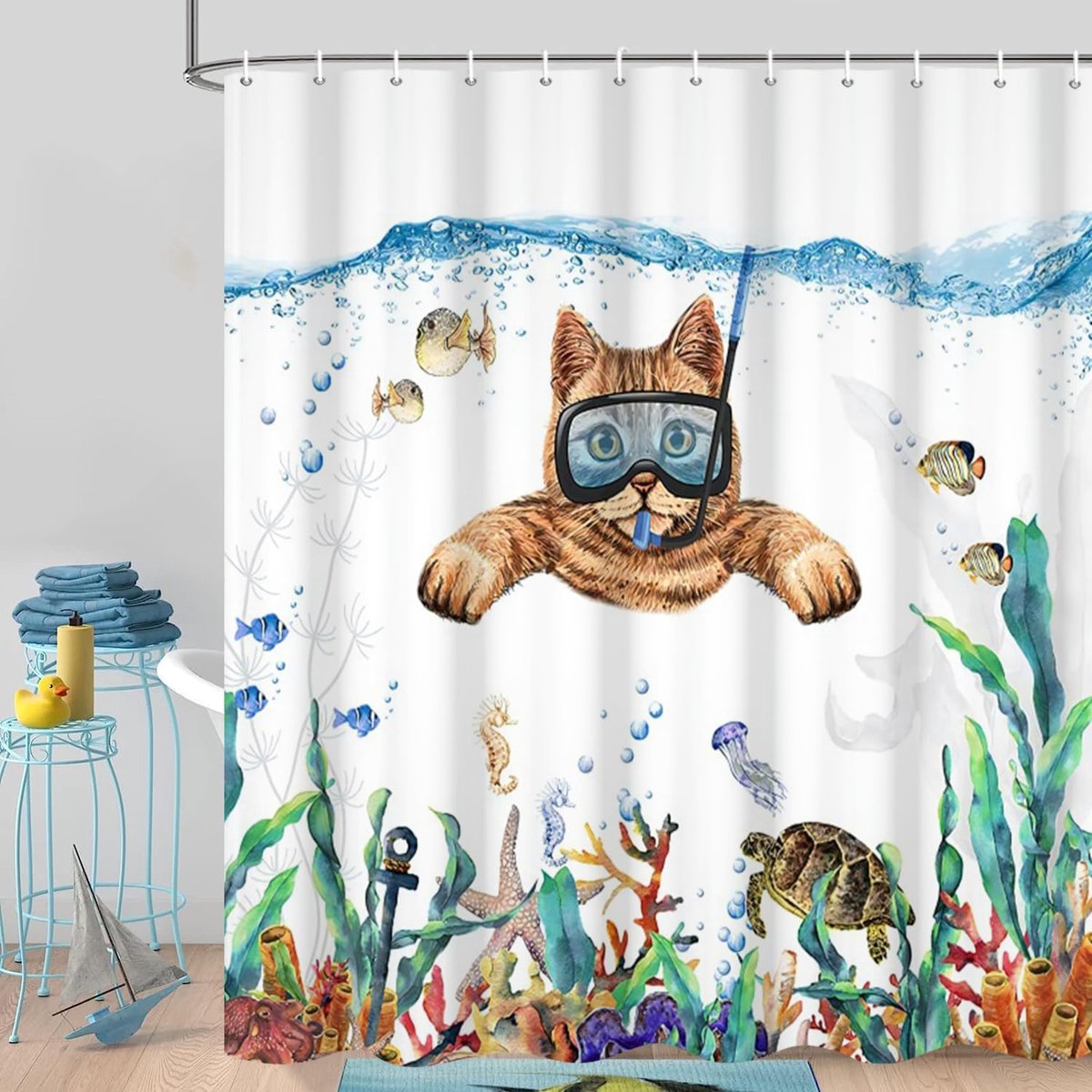 Douchegordijn, 180 x 200 cm, abstracte schattige kat grappig kitten duikt in de oceaan tropische zeeschildpad zeester waterdichte stof machinewasbaar badkamergordijn met haken