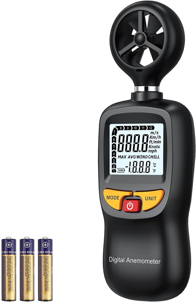 Digitale mini-windsnelheidsmeter met lcd-achtergrondverlichting, luchtstroommeter met temperatuur en windchill, Max/AVG-modus voor HVAC, zeilen, drone, golf