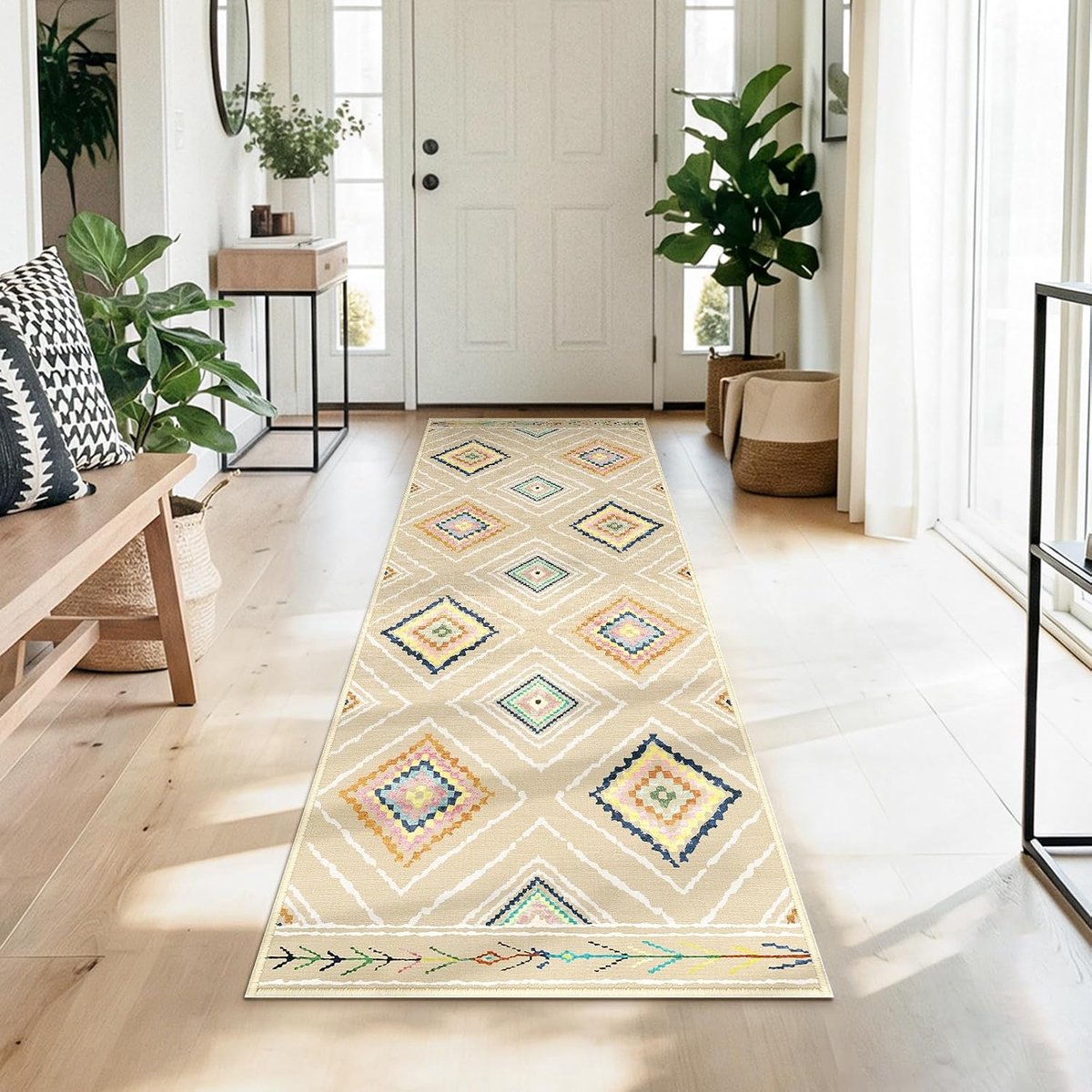 Hal 60 x 180 cm, antislip keukenloper, kortfluweel tapijtloper, wasbaar, opvouwbaar, Boho design – voor hal, keuken, woonkamer & kantoor, beige