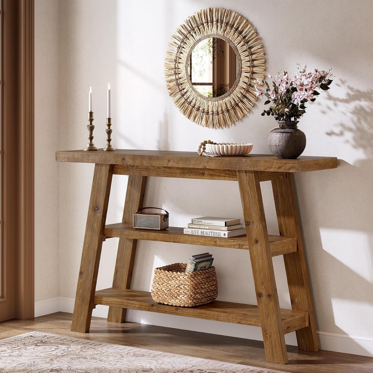 Houten consoletafel, 120 cm lange boerderij entreetafel met 3-laags planken, rechthoekige banktafels achter bank, smalle accenttafels voor hal, entree, foyer, woonkamer (bruin)