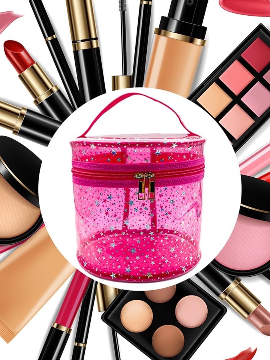 Waterproof Pink Stars PVC Makeup Bag - 18×16cm Barrel Shaped Zipper Bag for Women Men Travel Pool, pink, modern - ShopVlot