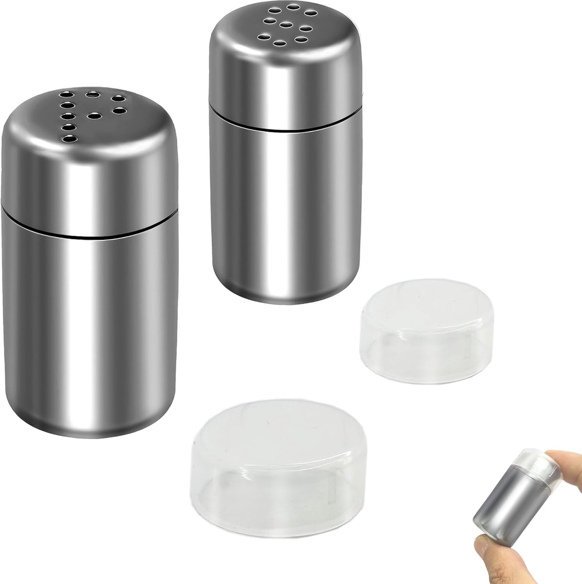 Pack of 2 Mini Salt Shakers for on the Go 5 ml Stainless Steel Small with Lid, Camping, Salt and Pepper Shaker, Small - ShopVlot