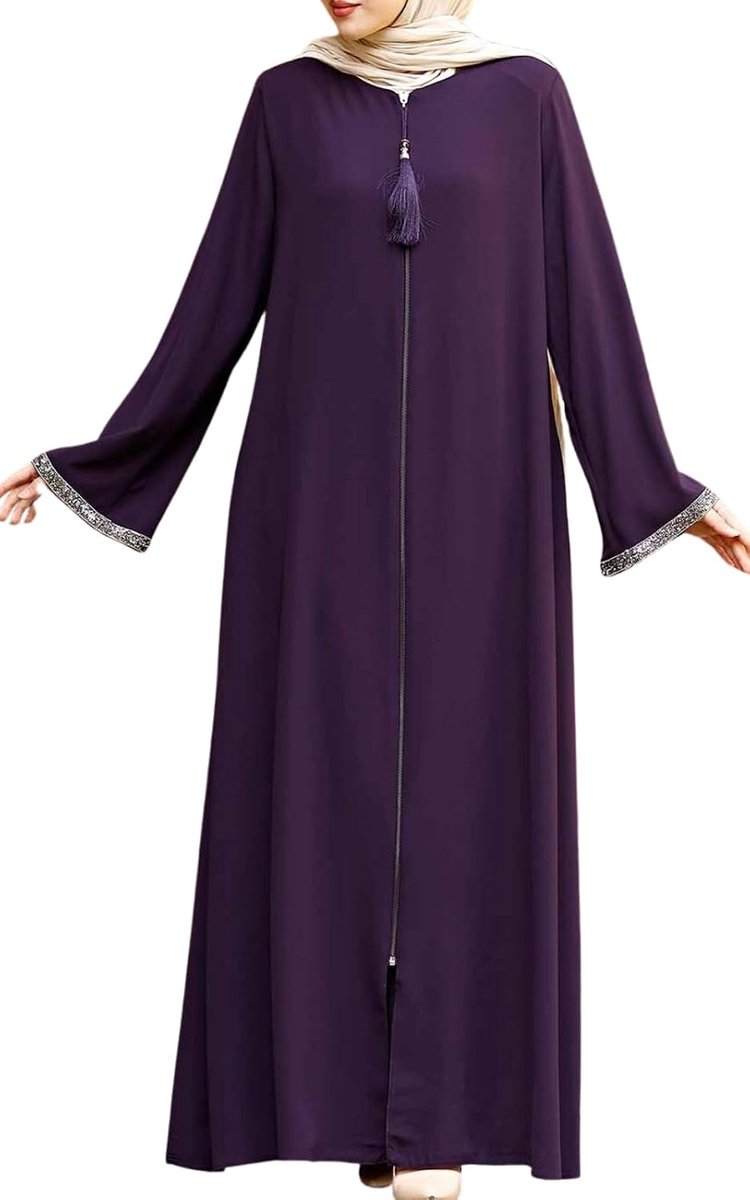 Women's Stone Sleeves Abaya Long Sleeve Floor Length Zipper To The Floor Turkey Islamic Fashion - ShopVlot