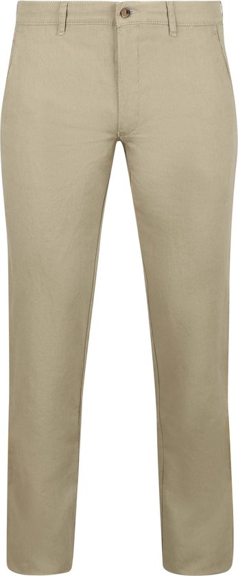 Kaki chino broek van katoen en linnen met knoop- en ritssluiting.