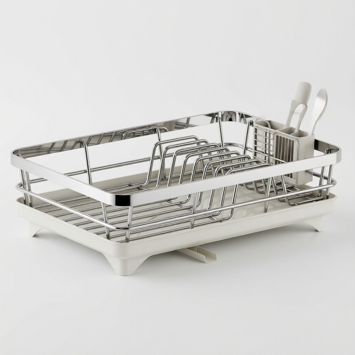 ZOQENX Afwasrek met lekbak en afvoertuit, RVS rek op wit kunststof plateau, 42 x 29 x 12,7 cm