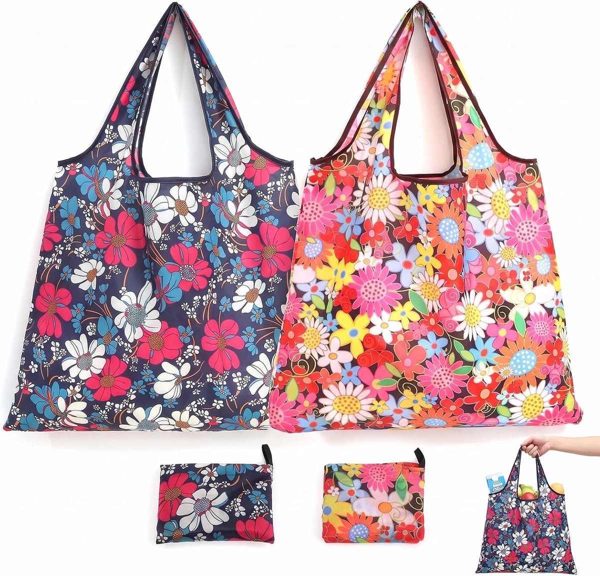 2 opvouwbare boodschappentassen van stof, herbruikbaar, groot, 40 x 46 cm, stoffen tas voor winkelen, strand en - ShopVlot