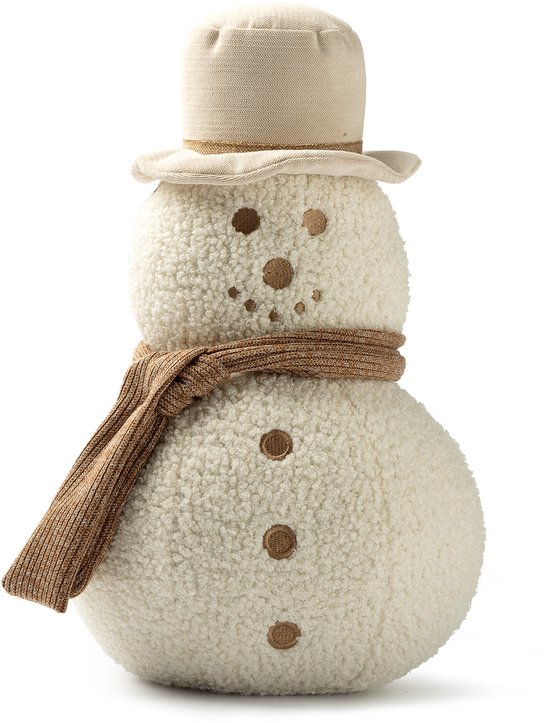 Bonhomme de neige en peluche blanc avec des yeux, un nez et des boutons marron. Il porte un chapeau beige et une écharpe marron.