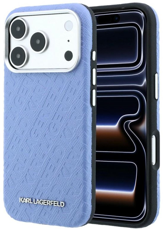 Lichtblauw iPhone hoesje met Karl Lagerfeld reliëfpatroon, zilveren cameraring en metalen logo.