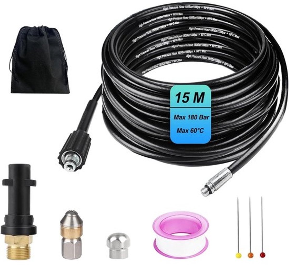 Reinigingsslang - 15 m - voor hogedrukreinigers - Universele buisreinigingsset - met adapter - en pijpreinigingssnoeren