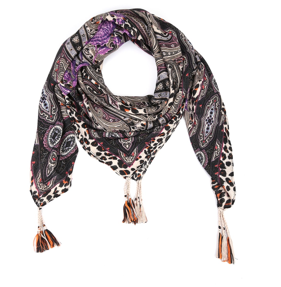 Grote omslagdoek met dieren print in paars, zwart, beige