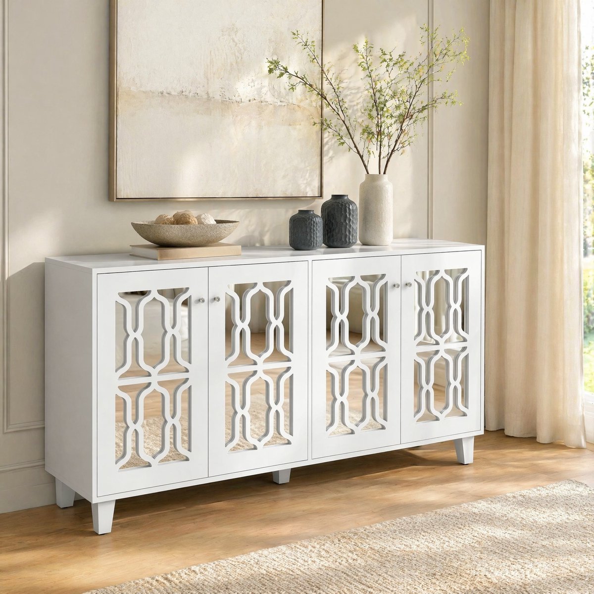 WUVRIE Dressoir 160 x 40 x 84 cm - 4 spiegeldeuren en verplaatsbare legplank - Wit