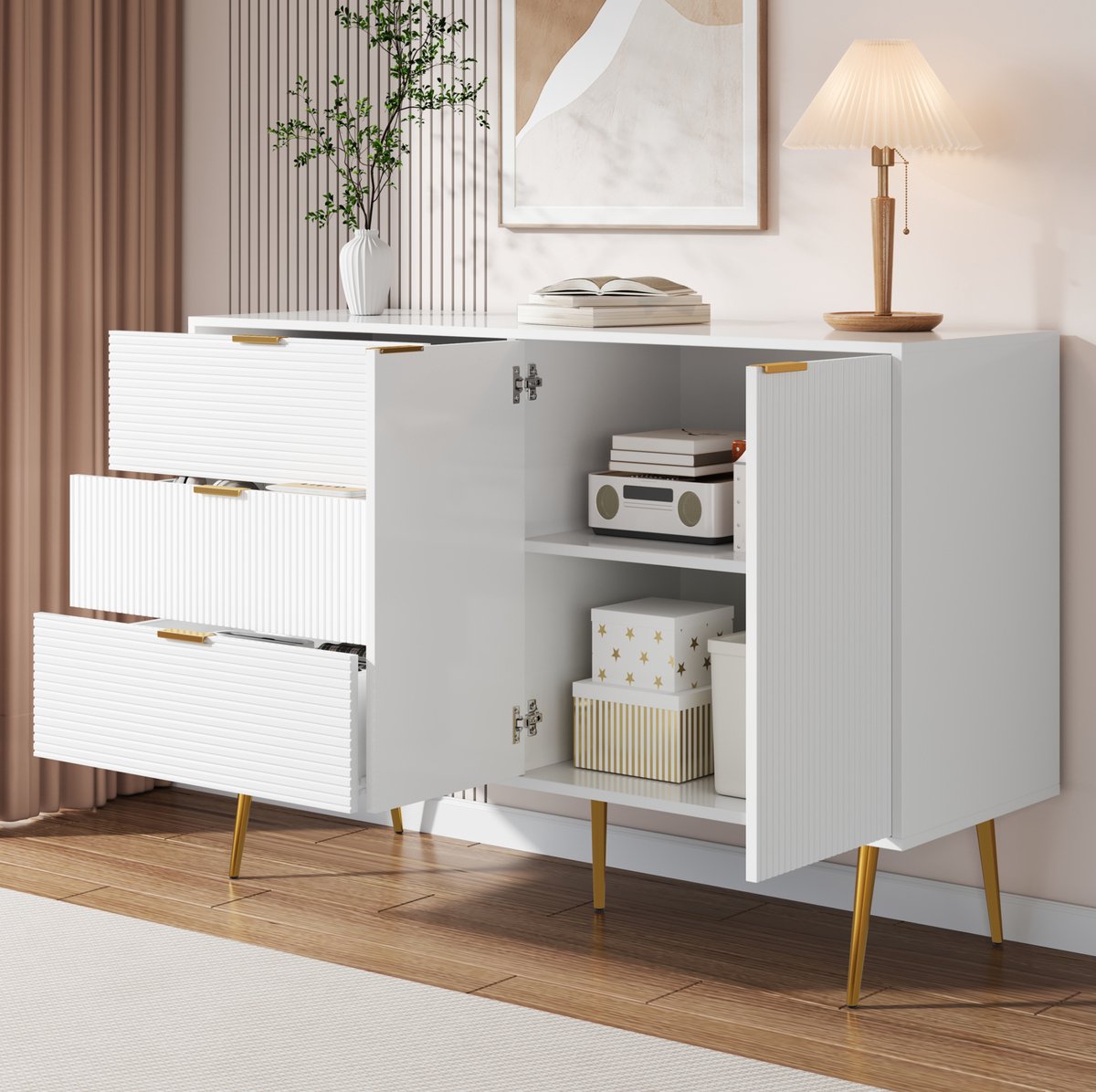 WUVRIE Dressoir 120 x 38 x 80,5 cm - 3 lades, 2 deuren en planken - Wit/goud
