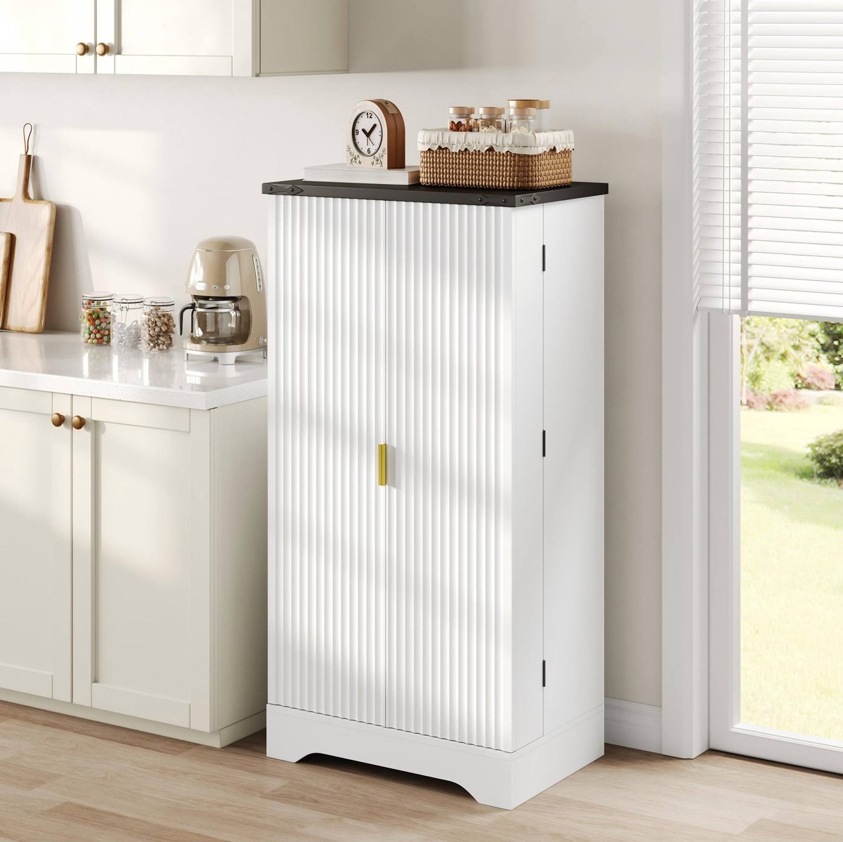 WUVRIE - Keukenkast 120 x 60,5 x 40 cm - 2 deuren, verstelbare planken en LED-sensorlicht - Wit