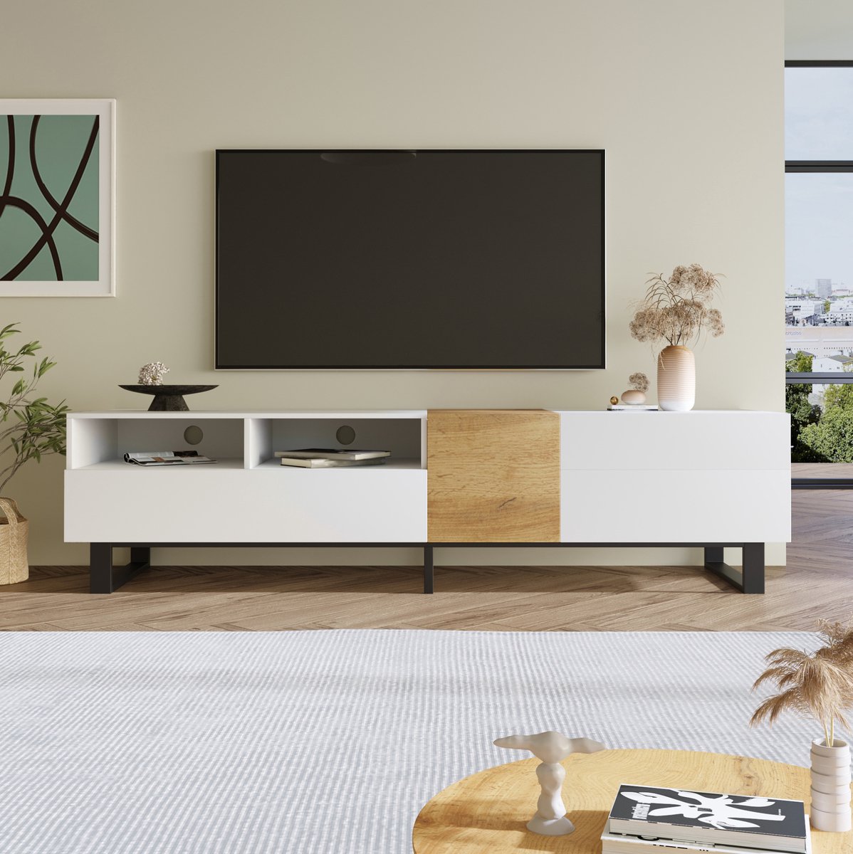 WUVRIE TV-meubel 180 cm - 2 open vakken, 2 lades en 2 deuren - Wit/houtkleur