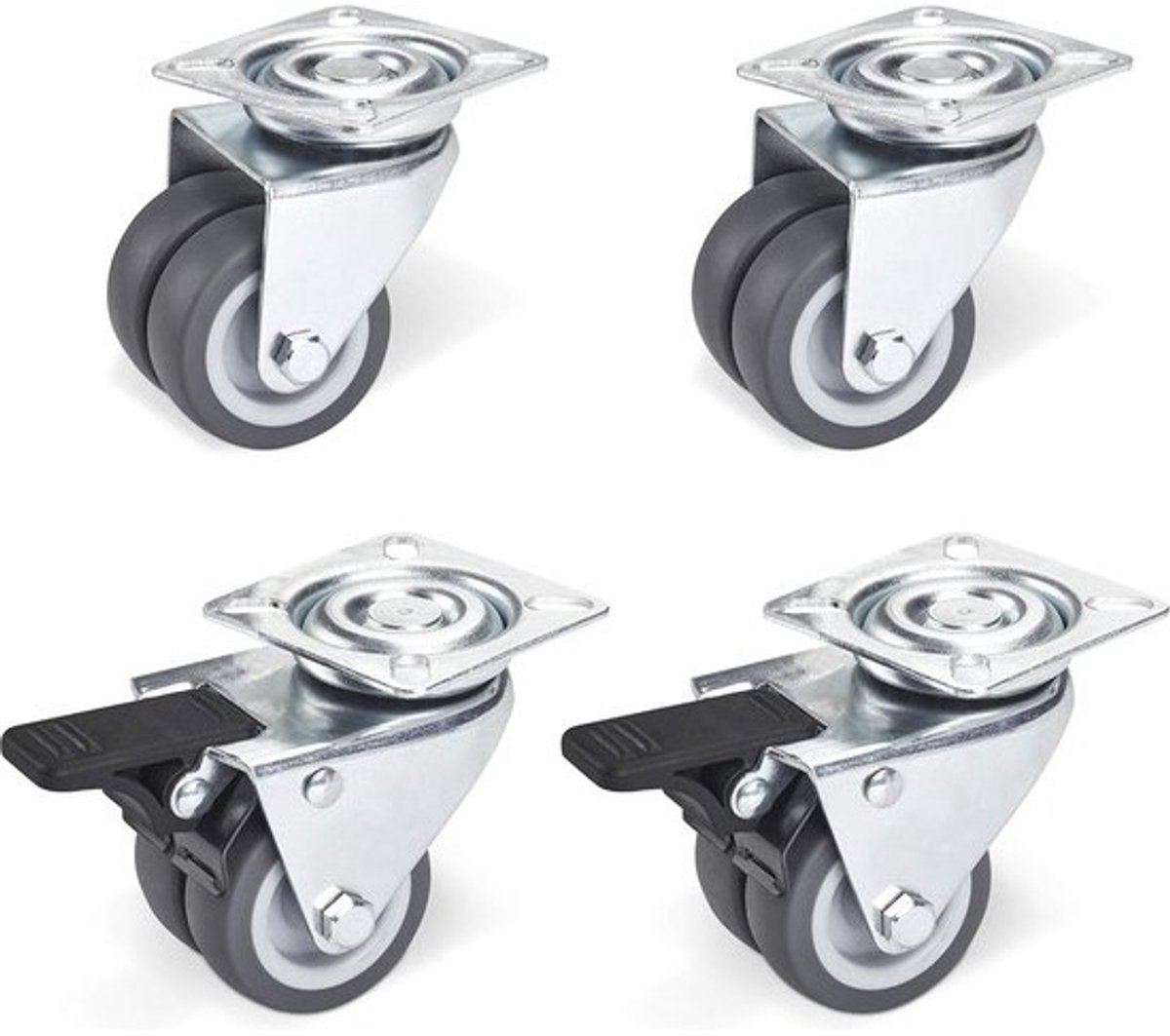 Zwenkwielen voor meubels - Ø 50 mm - Draagvermogen 400 kg - Set van 4 - met en zonder rem