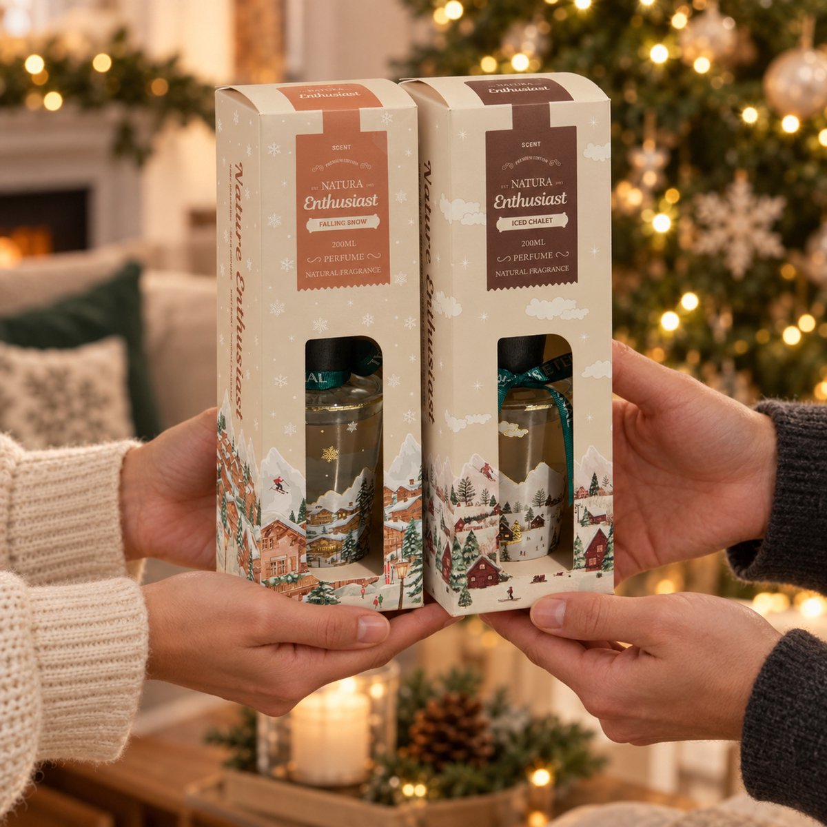 EasyMart Geurstokjes – Huisparfum Diffuser Set 2-Delig – 2x 200 ml Geurverspreider met Rotan Stokjes – Falling Snow & Iced Chalet – Luxe Kerstdecoratie en Kerstcadeau voor Woonkamer, Badkamer & Toilet — cadeau in Wonen & Interieur - foto 5