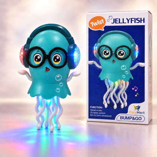 Turquoise octopus speelgoed met koptelefoon, bril, knipperende LED-lichtjes en tentakels. Verpakking met 'Twist Jellyfish' logo.