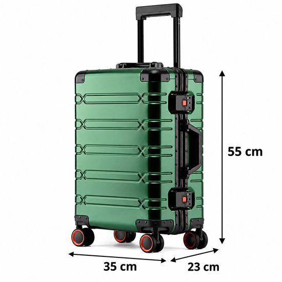Groene koffer met afmetingen 55 cm hoog, 35 cm breed en 23 cm diep.