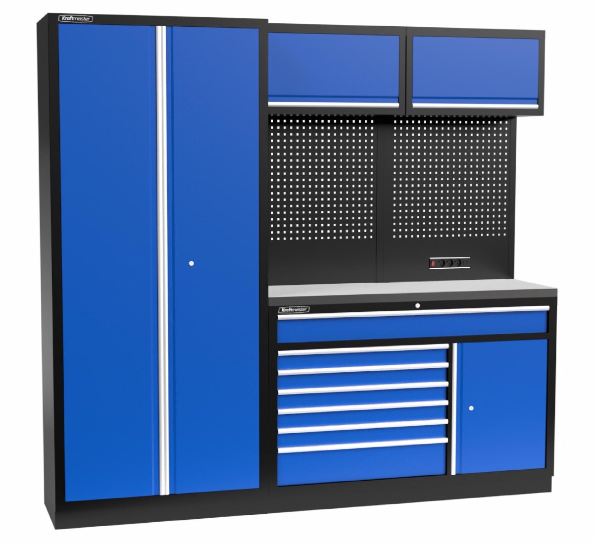 Kraftmeister werkplaatsinrichting - Werkbank met 2 wandkasten, 1 werkplaatskast en RVS werkblad - Werktafel met 7 laden, 1 opbergkast en gereedschapswand - Complete set voor werkplaats of garage - Blauw
