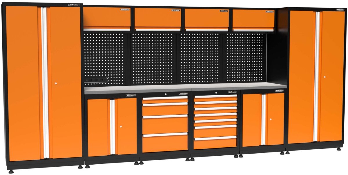 Kraftmeister werkplaatsinrichting - Werkbank met 4 wandkasten, 2 werkplaatskasten en RVS werkblad - Werktafel met 11 laden, 2 opbergkasten en gereedschapswand - Complete set voor werkplaats of garage - Oranje