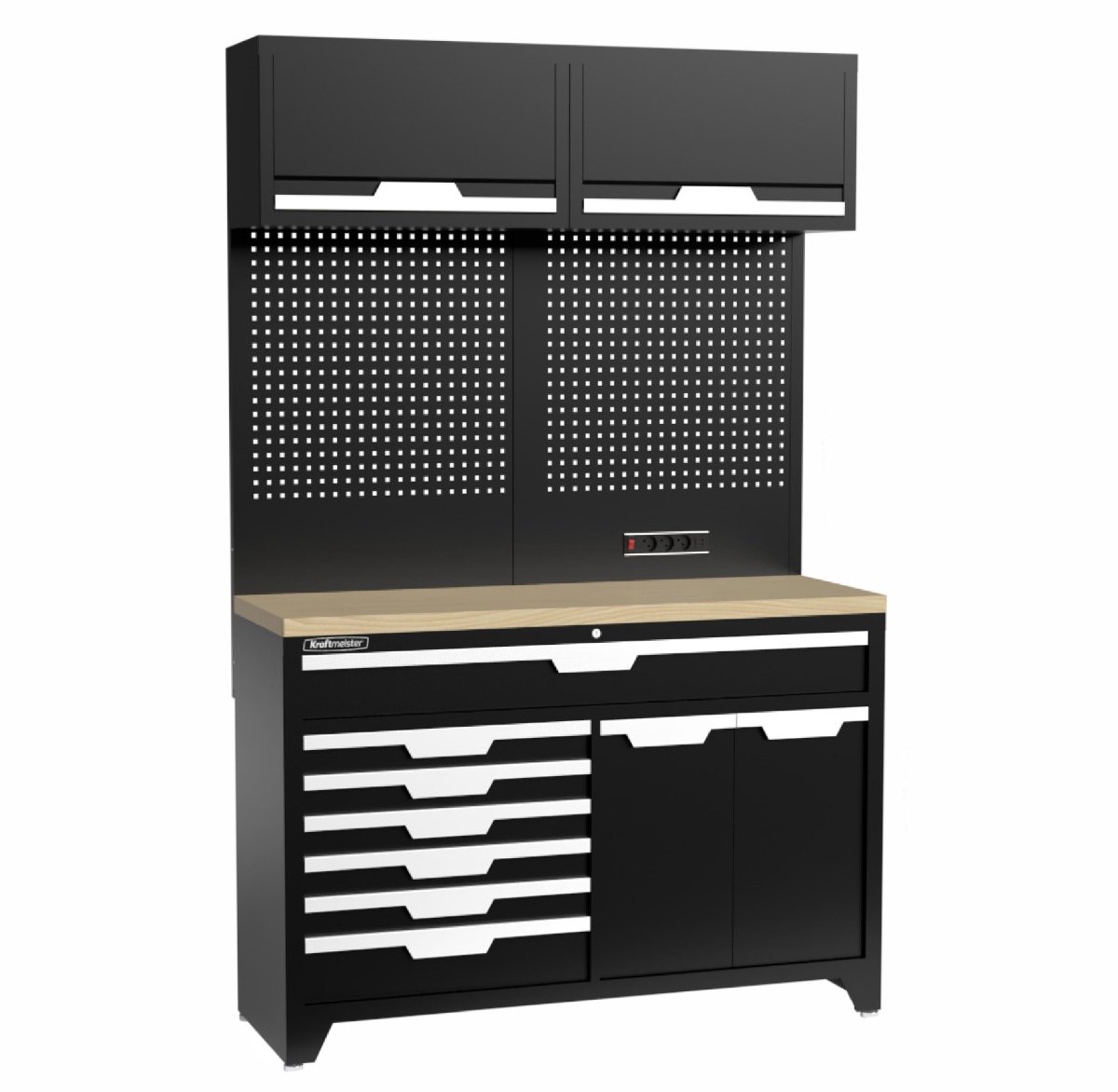 Kraftmeister werkplaatsinrichting - Werkbank met 2 wandkasten en multiplex werkblad - Werktafel met 7 laden, 1 opbergkast en gereedschapswand - Complete set voor werkplaats of garage - Zwart