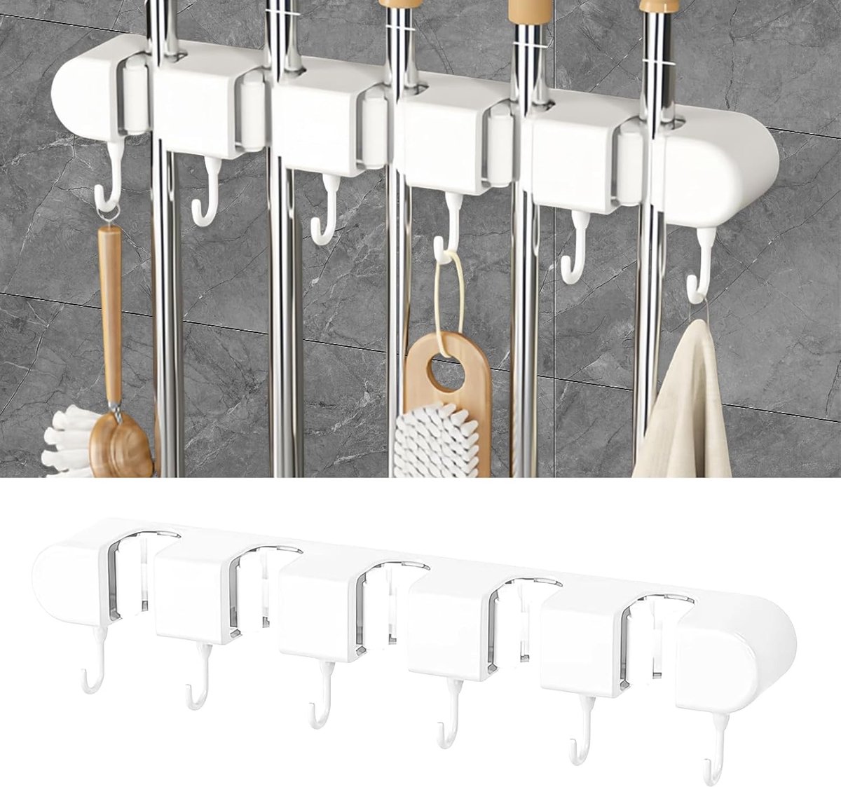 SnelShoppen - Broom Mop Hanger - Zelfklevende Wandbeugel voor Bezem en Dweil - ABS Wandmontage met 5 Posities en 6 Haken - Organizer voor Keuken, Badk