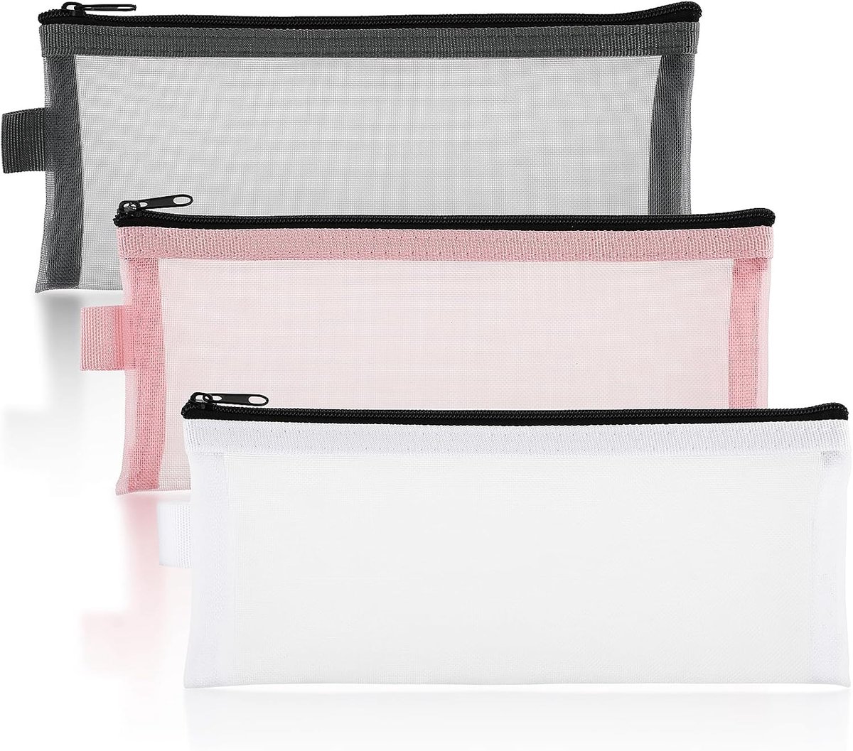 SnelShoppen - 3 Stuks Doorzichtige Pennenkoker Nylon Netstof Mesh Grote Capaciteit Pennenetui Kantoorartikelen Meisjes Etui voor Tieners Grijs Wit Roz