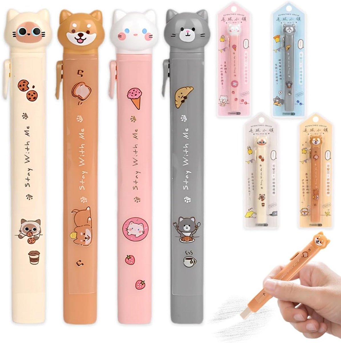 4 stuks intrekbare potloodgummen met schattig kattendesign – gummen in potloodstijl voor kinderen – voor tekenen - ShopVlot