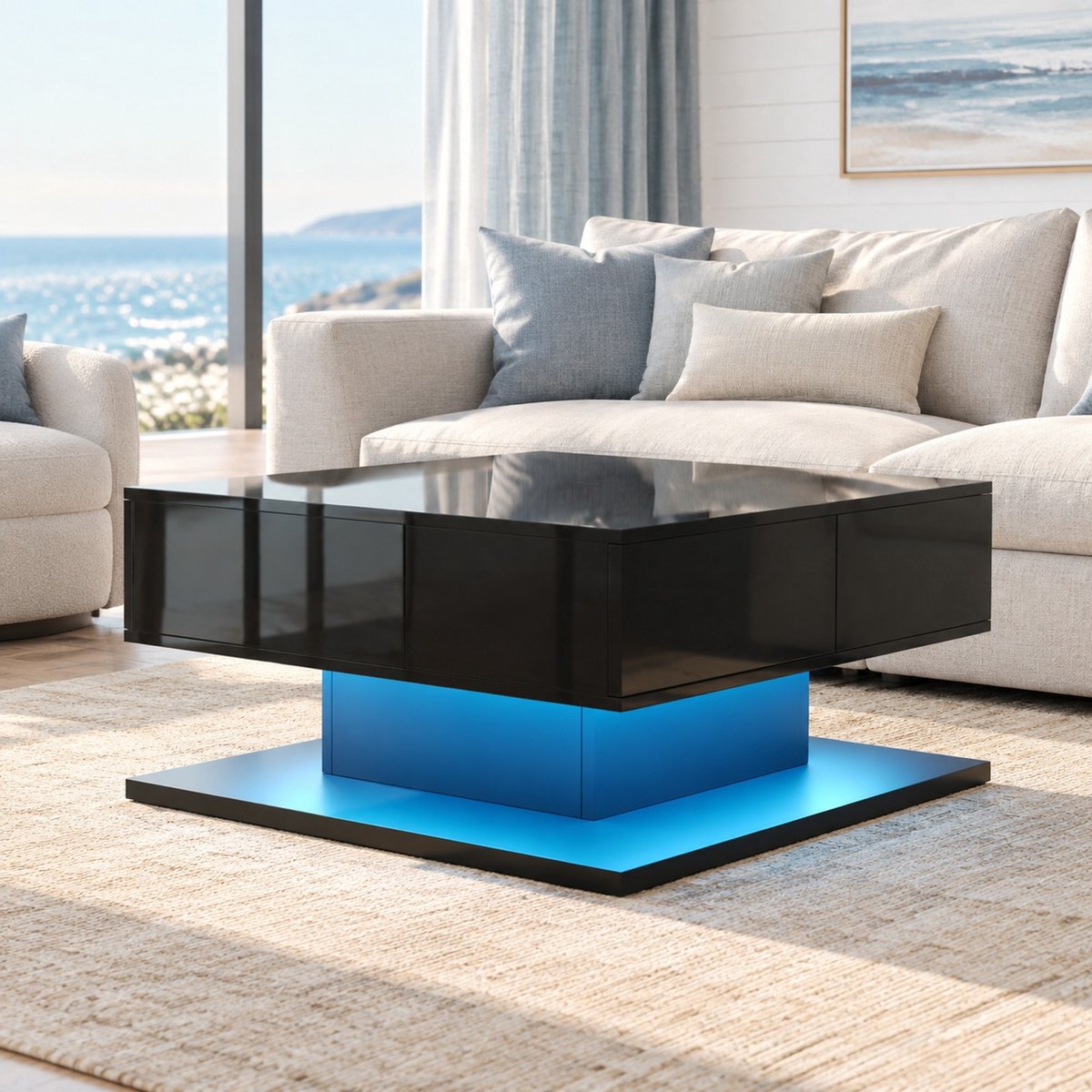 OKWISH Salontafel - Hoogglans Ledverlichting - Hoogteverstelbaar Met Klapdeksel En 2 Lades - Woonkamer - MDF En Spaanplaat Zwart - 72 x 72 x 35 cm