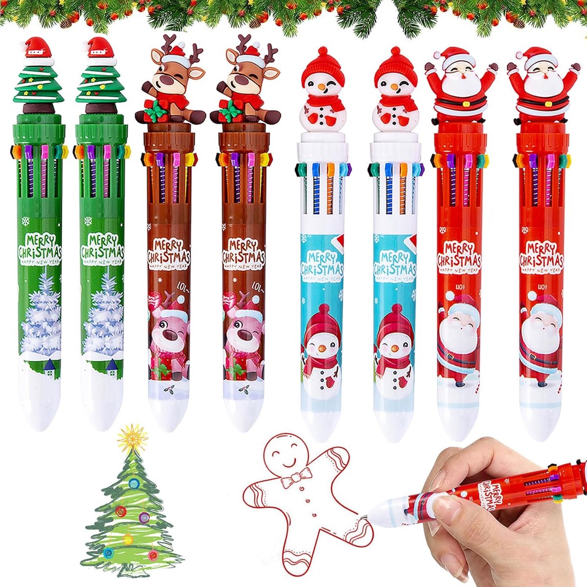 8pcs Christmas Ballpoint Pen, 10-in-1 Multicolored Pens, 10 Colors Christmas Ballpoint Pens, Retractable Pens for - ShopVlot