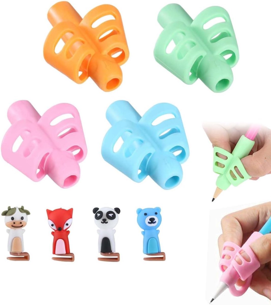 8 stuks ergonomische handgrepen voor potloden voor kinderen, 4 × potloodhouders + 4 × doppen, natuurlijke - ShopVlot