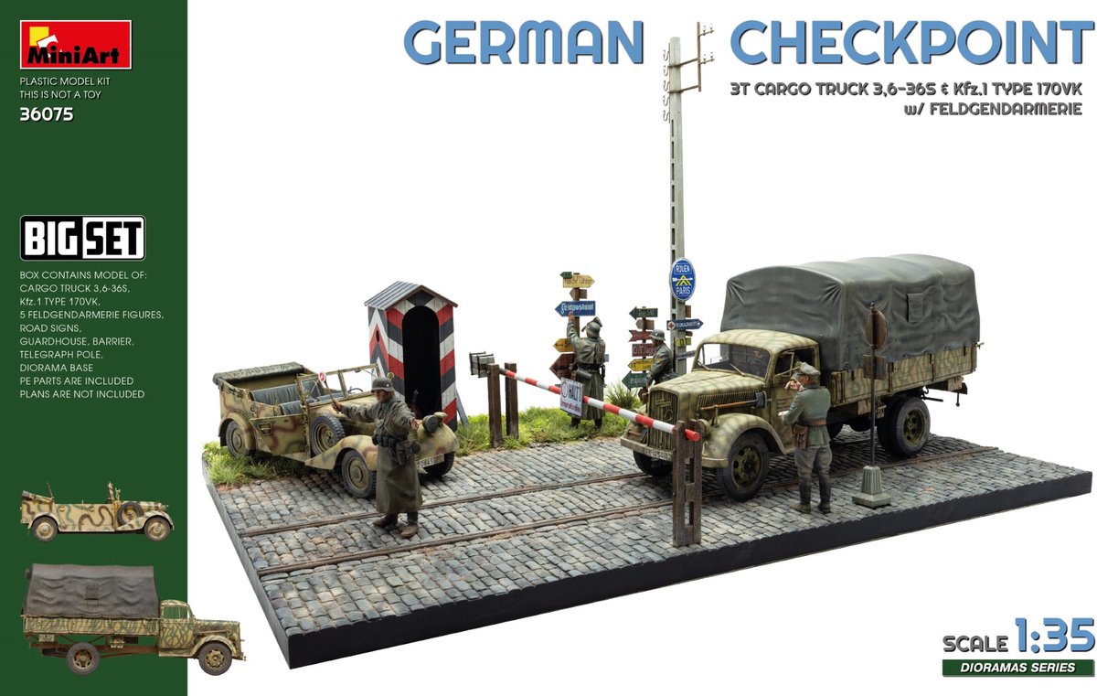 MiniArt Modelbouwpakket Militaire voertuigen - 36075 Duitse Controlepost met 3t Cargo Truck 3,6-36S - Kfz.1 Type 170VK WWII - 5 Figuren Plastic - 1:35 - Modelbouw