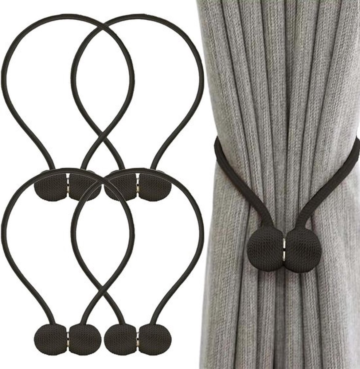Magnetische gordijnhouders - Gordijnembrasses - Voor stijlvolle raambekleding - Montage zonder boren - 4 stuks - Zwart