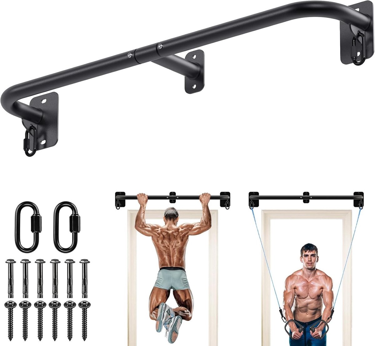 Zware Wandgemonteerde Pull Up Bar met 204kg Capaciteit, Stevige Stalen Constructie, Geschikt voor Deurposten en Inclusief Weerstandsband Haakjes, Ideaal voor Thuis Fitness en Krachttraining