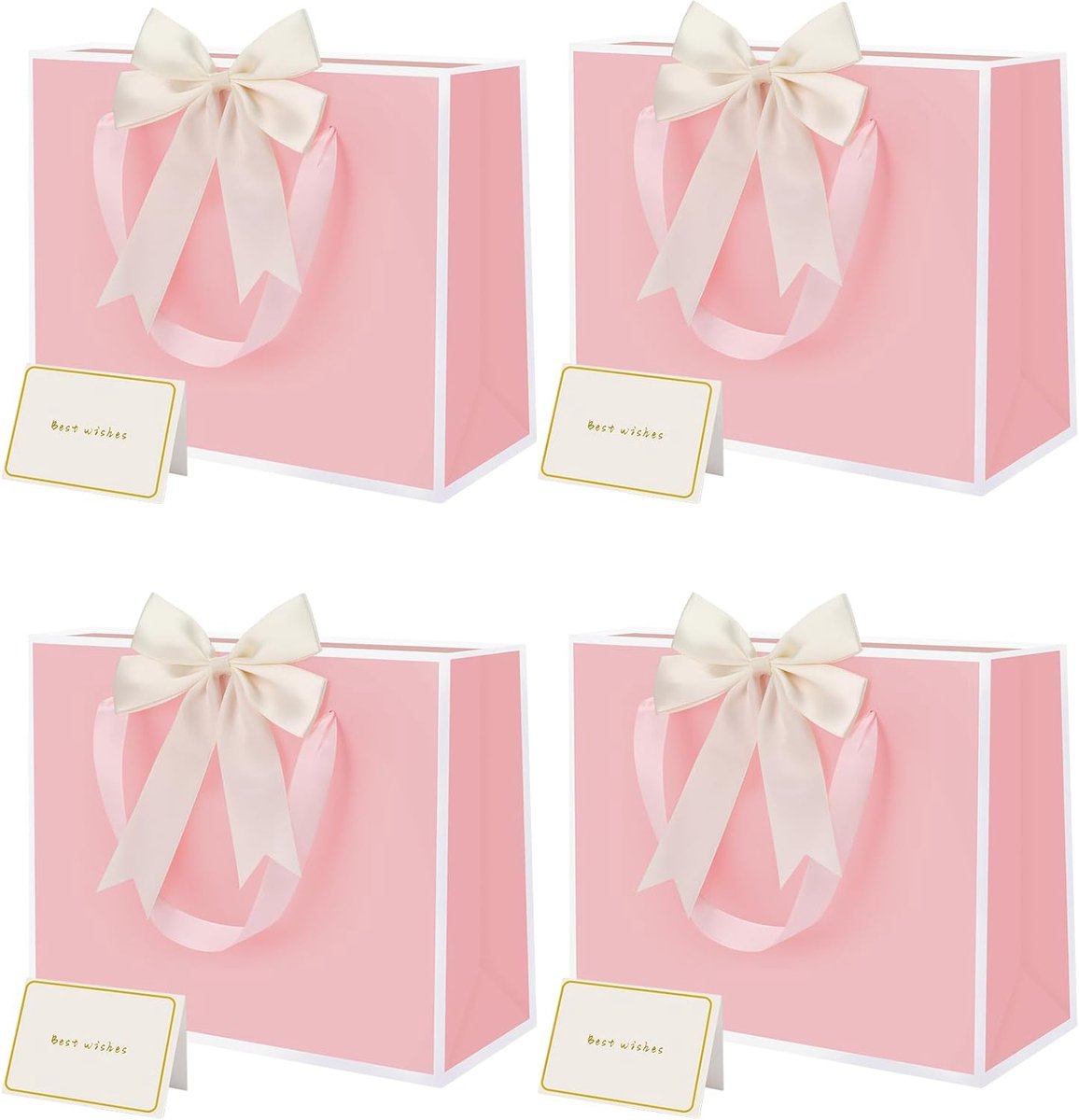 SnelShoppen - 4 Stuks Cadeauzakken met Strikken en Wenskaarten - Papieren Cadeauzakken met Handvat voor Verjaardag, Bruiloft, Feest - Medium, Waterdic