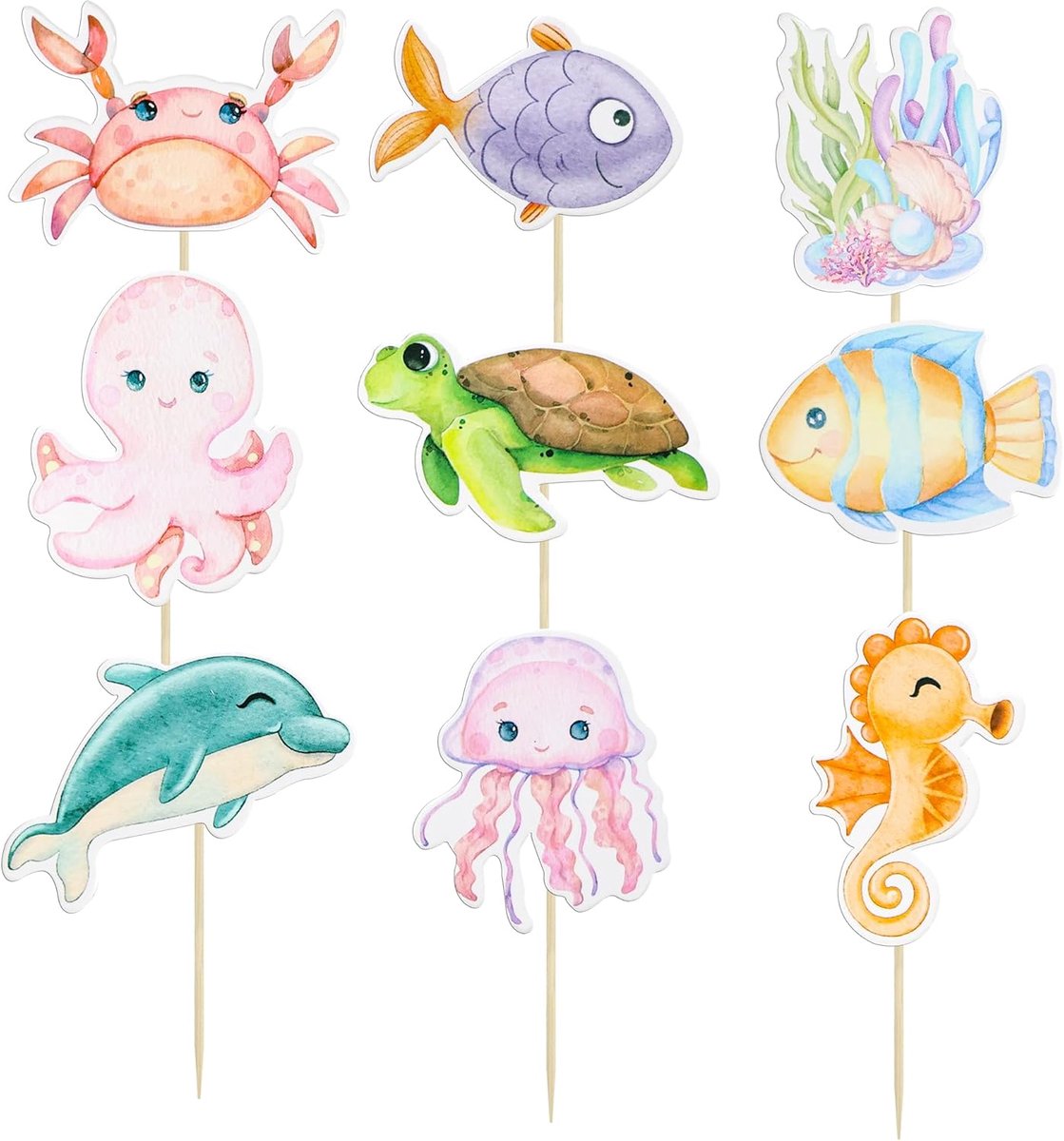 SnelShoppen - 36 Stuks Zeedieren Cupcake Decoratie Onderwater Thema - Schildpad, Inktvis, Zeepaardje & Koraal - Perfect voor Kinderfeest, Baby Shower,
