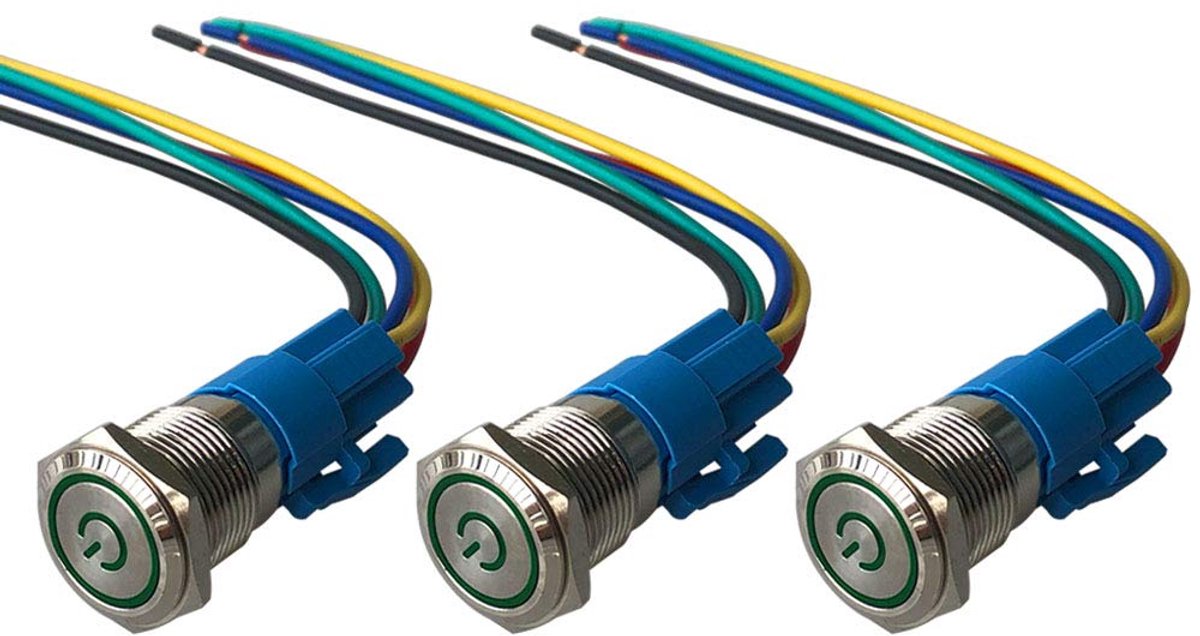 3pcs Premium 16mm Self-locking Push Button Switch, 12V/24V 5A Car Ignition Start Switch, Green LED Light IP67 - ShopVlot