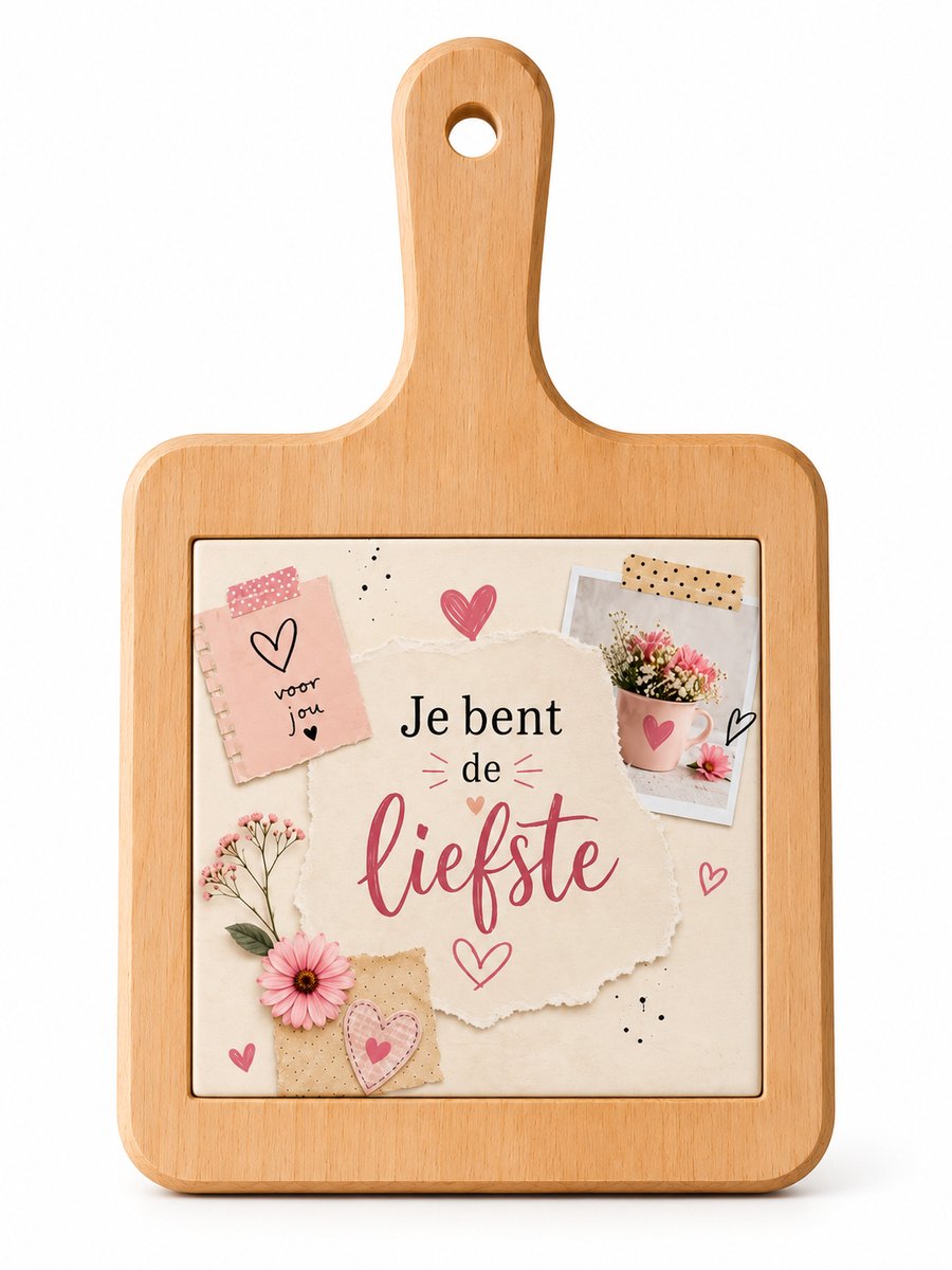 Houten Kaasplank Je Bent de Liefste – 18 x 31 cm – Met Bedrukte Tegel – Cadeau voor Haar – Moeder, Vriendin of Partner