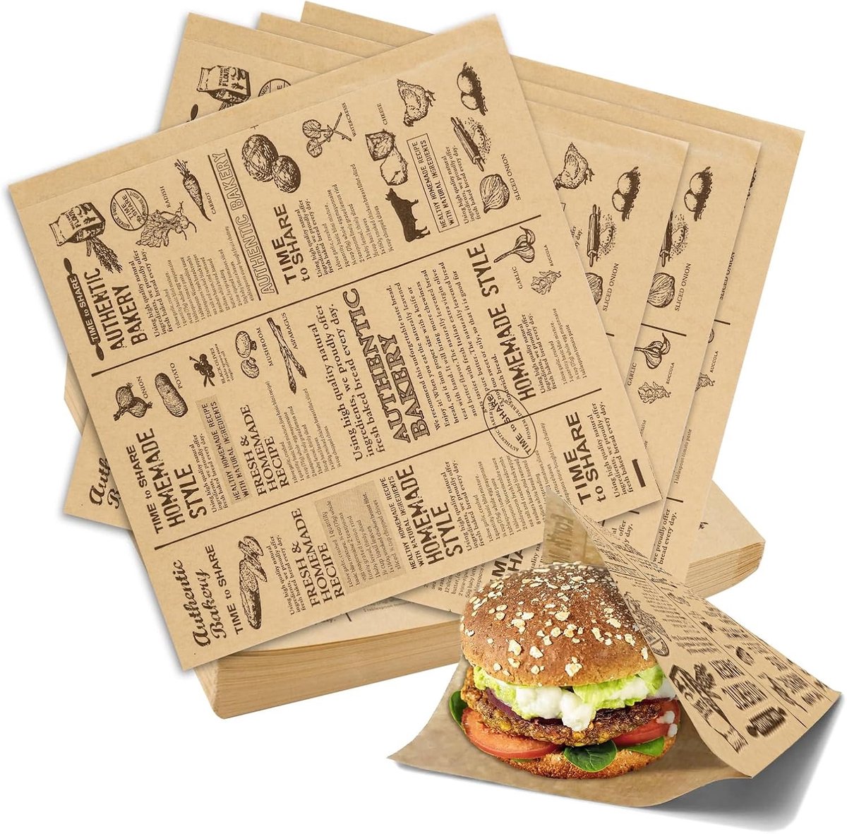 Pack van 100 vetvrije papieren zakken voor burgers, snacks en friet - 18 x 18 cm, ideaal voor catering en take-away
