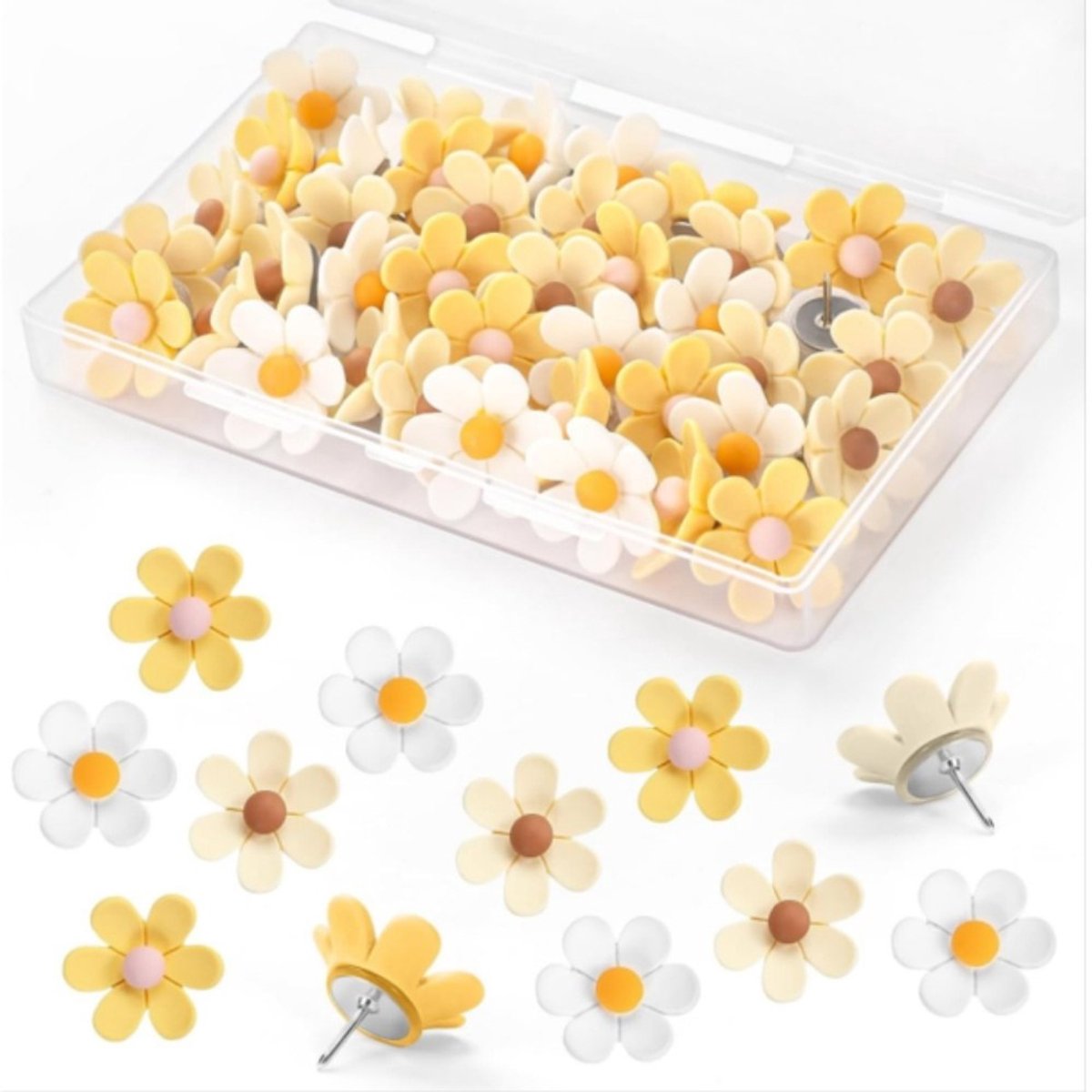 50 stuks - Bloemvormige punaises - Kleurrijk bloemmotief - T-vormige punaises - Prikbordpunaises - 2 x 2 cm, geschikt voor wand- en prikborddecoratie en het bevestigen van plakbriefjes - Geel, wit