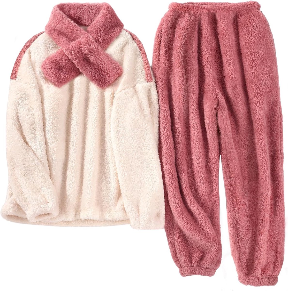 Pyjama voor dames, winter, fleece, pyjama, warm, pyjama, zacht, lange mouwen, pyjama, nachtkleding, met zakken en sjaals